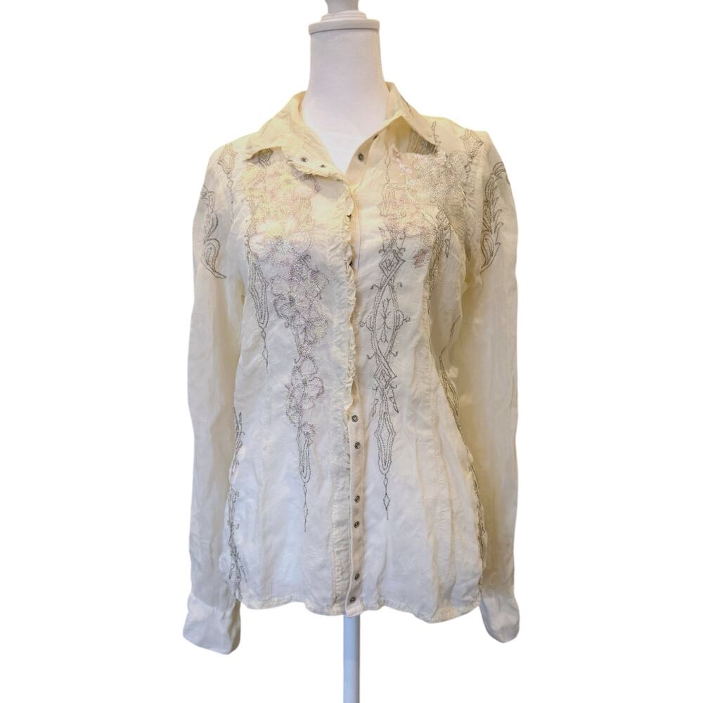 JOHNNY WAS Cream Silk Embroidered Crinkle Button-Down Blouse Medium EUC - Picture 2 of 5